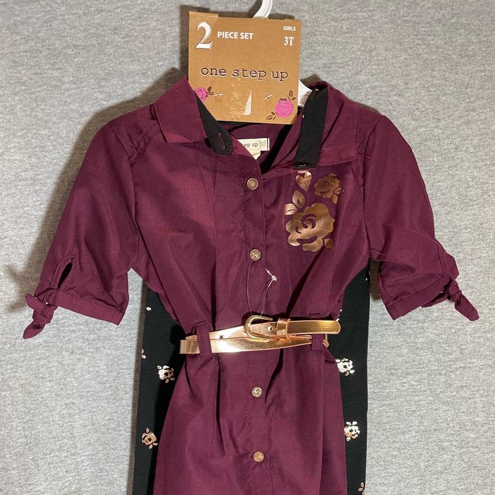 NWT- Burgundy Floral Belted Shirt Dress & Black Leggings - Girls